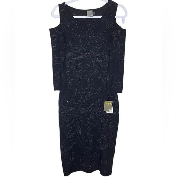 Taylor Wm’s Sz Med Black GunMetallic Shimmer Cold-Shoulder Sweater Dress - Picture 1 of 8